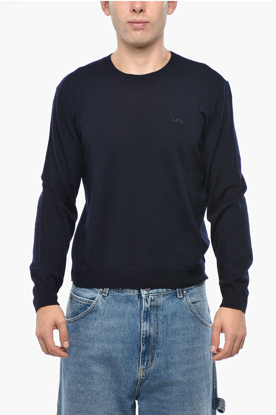 Apc Merino Wool Crew-neck Sweater With Embroidered Logo In Blue
