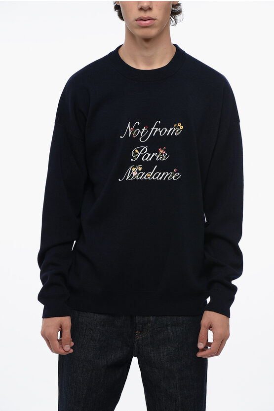 Shop Drôle De Monsieur Merino Wool Crew-neck Sweater With Embroidery