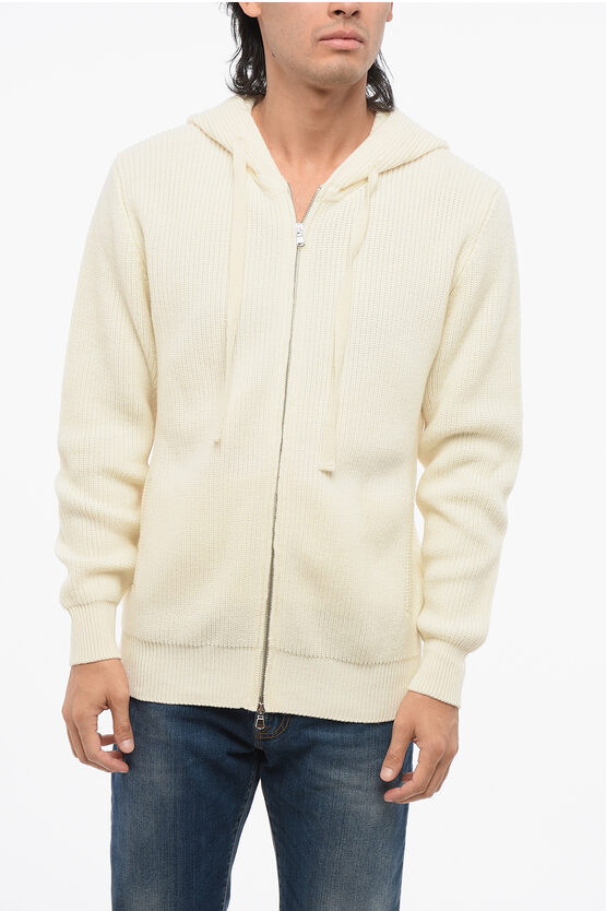 Altea Merino Wool Full Zip Sweater With Hood In Neutral