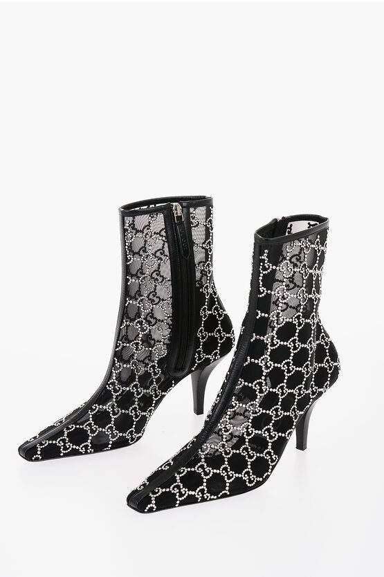 Gucci Mesh Ankle Boots With All-over Rhinestone Monogram 8,5cm In Black