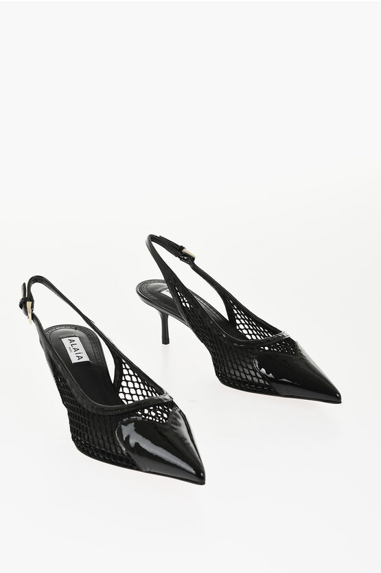 Alaïa Mesh Slingbacks With Patent Leather Details 5cm In Black