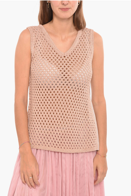 Altea Mesh Tank Top With Side Slit And V-neckline In Brown
