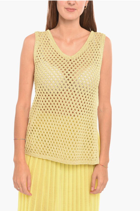 Altea Mesh Tank Top With Side Slit And V-neckline In Yellow