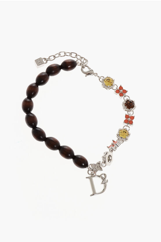 Dsquared2 Metal Anklet With Wooden Details And Rhinestones
