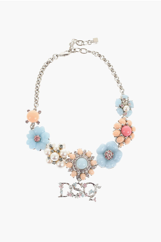 Metal Choker Necklace with Floral Design Embellished with Rhinestones