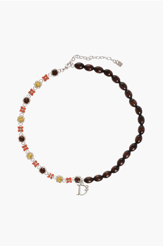 Shop Dsquared2 Metal Necklace With Wooden Beads And Crystals