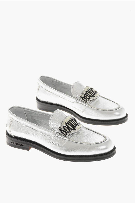Dsquared2 Metallic Crackle-effect Leather Loafers With Metal Detail