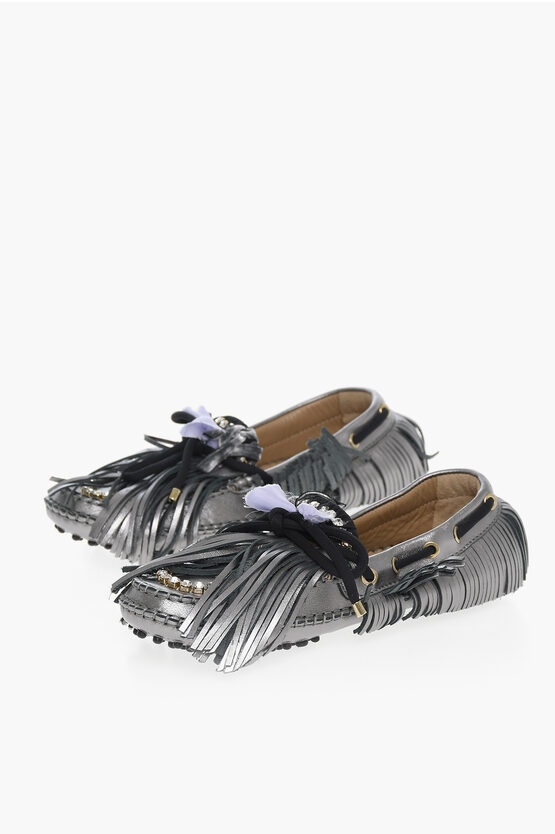 13 09 Sr Metallic Effect Leather Puli Loafers With Rhinestones And Fr In Gray