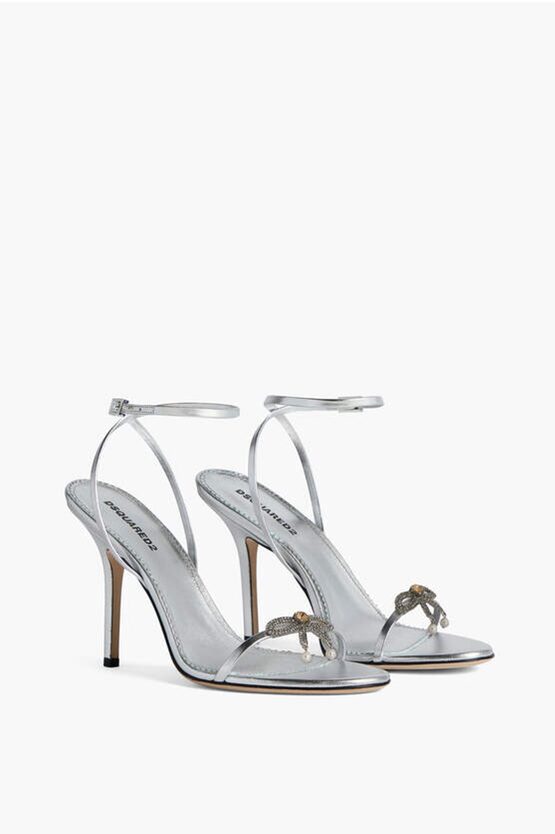 Dsquared2 Metallic Effect Leather Sandals With Strap Heel 12 Cm In Silver