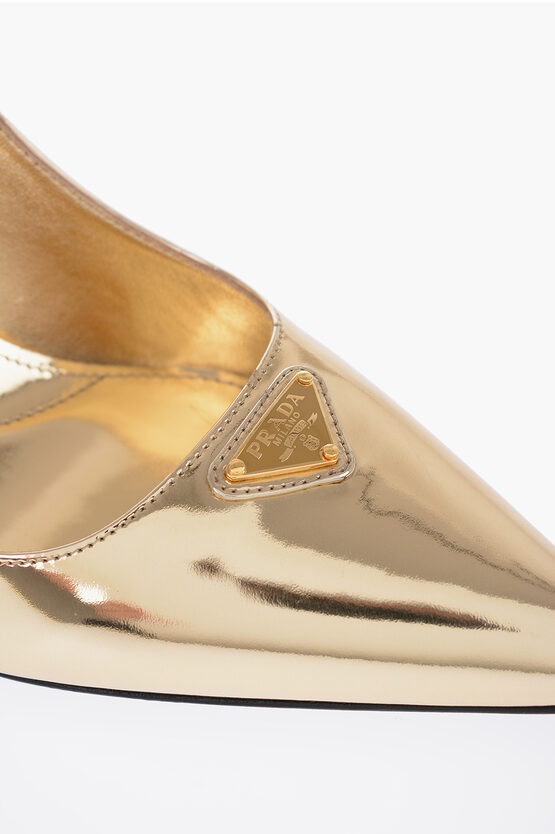 Prada Metallic Effect Patent Leather Slingback Pumps Heel 8