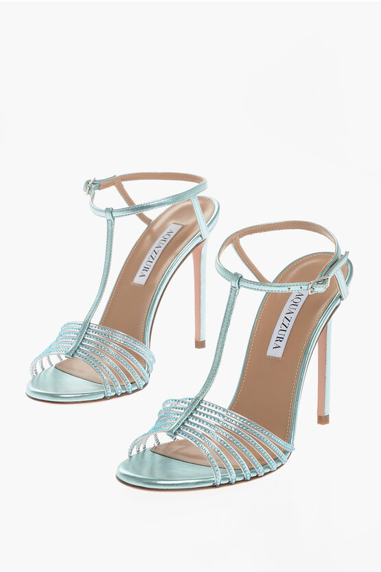 Aquazzura Metallic Leather Amore Mio Ankle-strap Sandals With Rhinesto In White