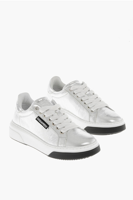 Dsquared2 Metallic Leather Low Top Sneakers In White