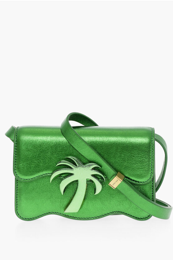 Palm Angels Metallic Leather Palm Beach Crossbody Bag In Green