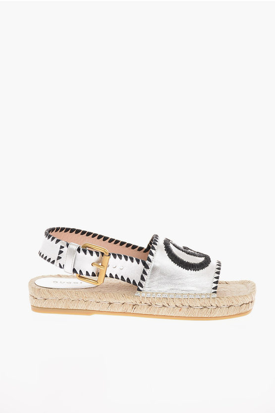 Gucci Metallic Soft Leather Monogram Sandals with Straw Sole
