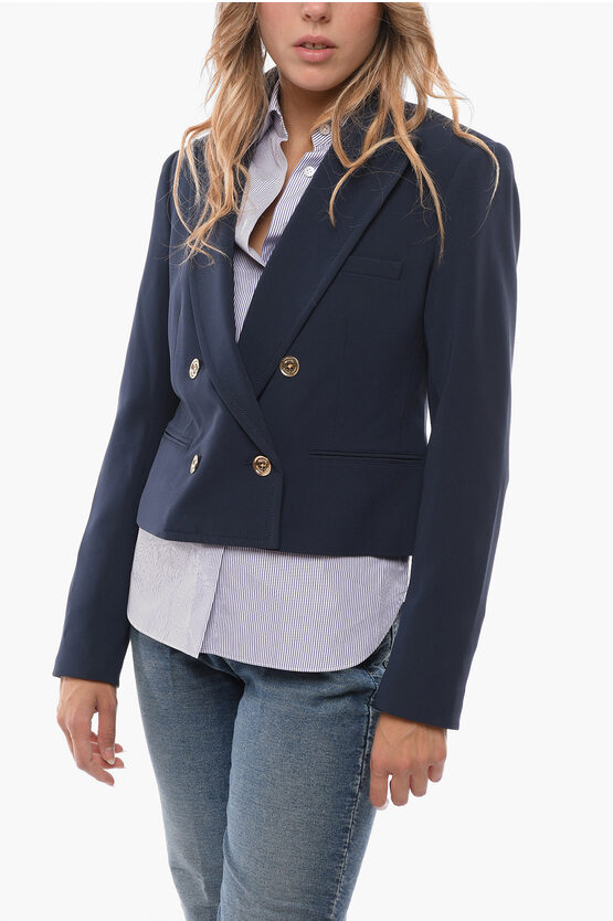 Michael Kors Michael Double-breasted Cropped Blazer With Peak Lapel In Blue