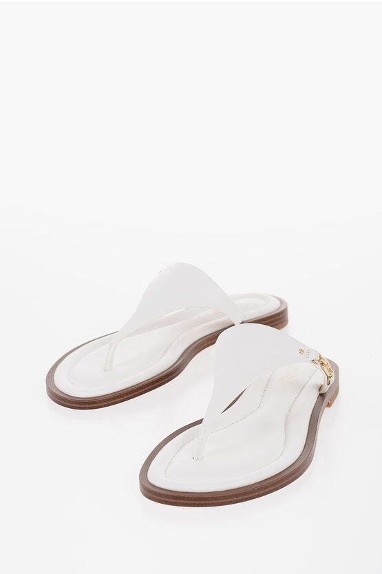 Michael Kors Michael Leather Daniella Thong Sandals With Golden-effect Mo In White