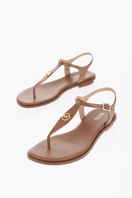 Michael Kors Michael Leather Mallory Thong Sandals With Golden Monogram In Brown