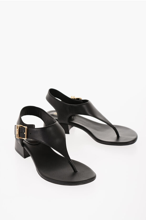 Michael Kors Michael Leather Robyn Thong Sandals With Golden Buckle Heel In Black