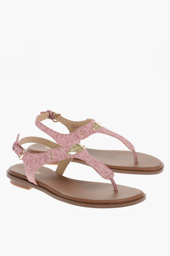 Michael Kors Michael Logoed Faux Leather Plate Thong Sandals With Golden In Pink
