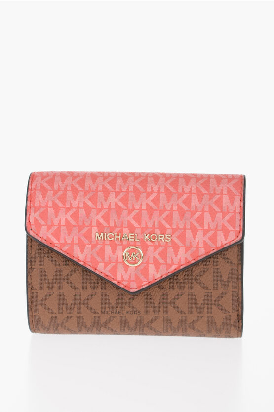 Michael Kors Michael Two-tone Faux Leather Dahlia Wallet With All-over Mo In Pink
