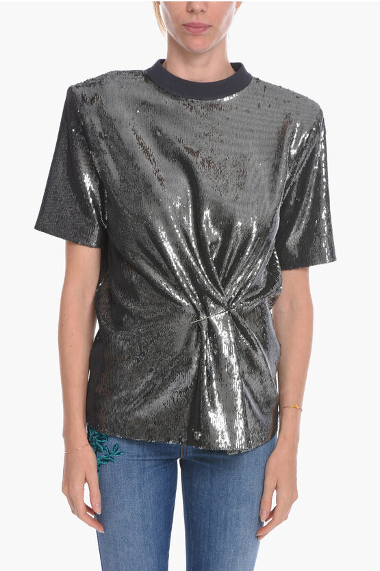 Attico Micro-sequined Oversized T-shirt With Brooch Detail In Gray