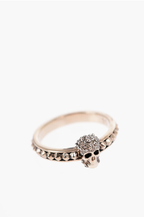 Alexander Mcqueen Microstudded Skull Brass Ring With Crystals In Gold
