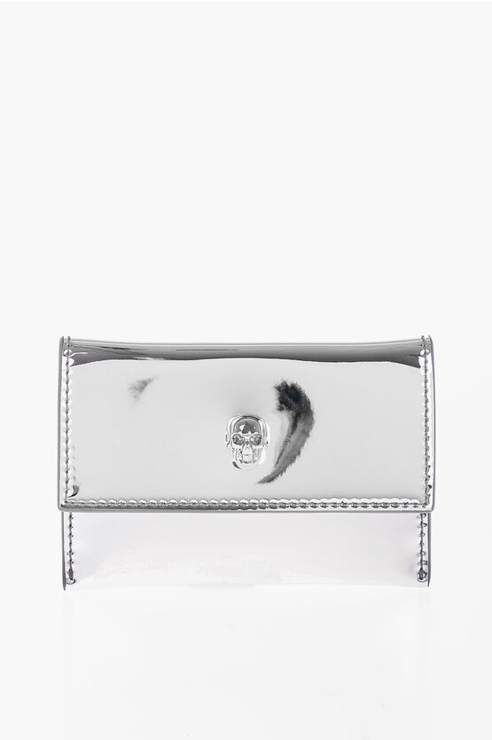 Alexander Mcqueen Mirrored Leather Card Holder With Skull Button In Metallic