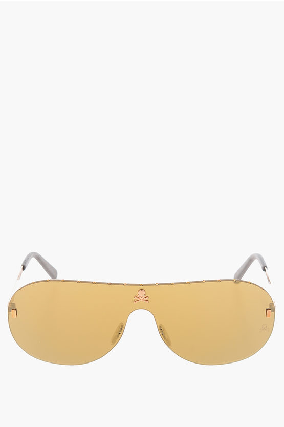 Philipp Plein Mirrored Shield Target Sunglasses With Leather Details In Metallic