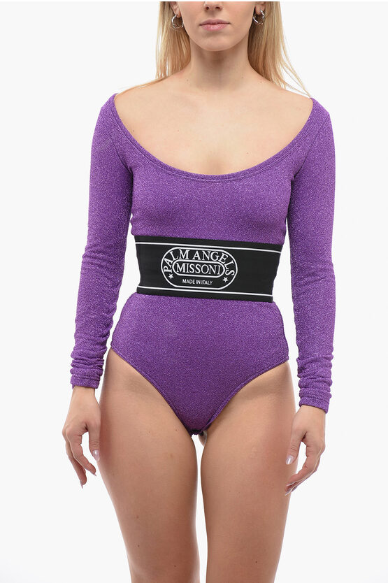 Palm Angels Missoni Lurex Long-sleeved Bodysuit With Logoed Band In Purple