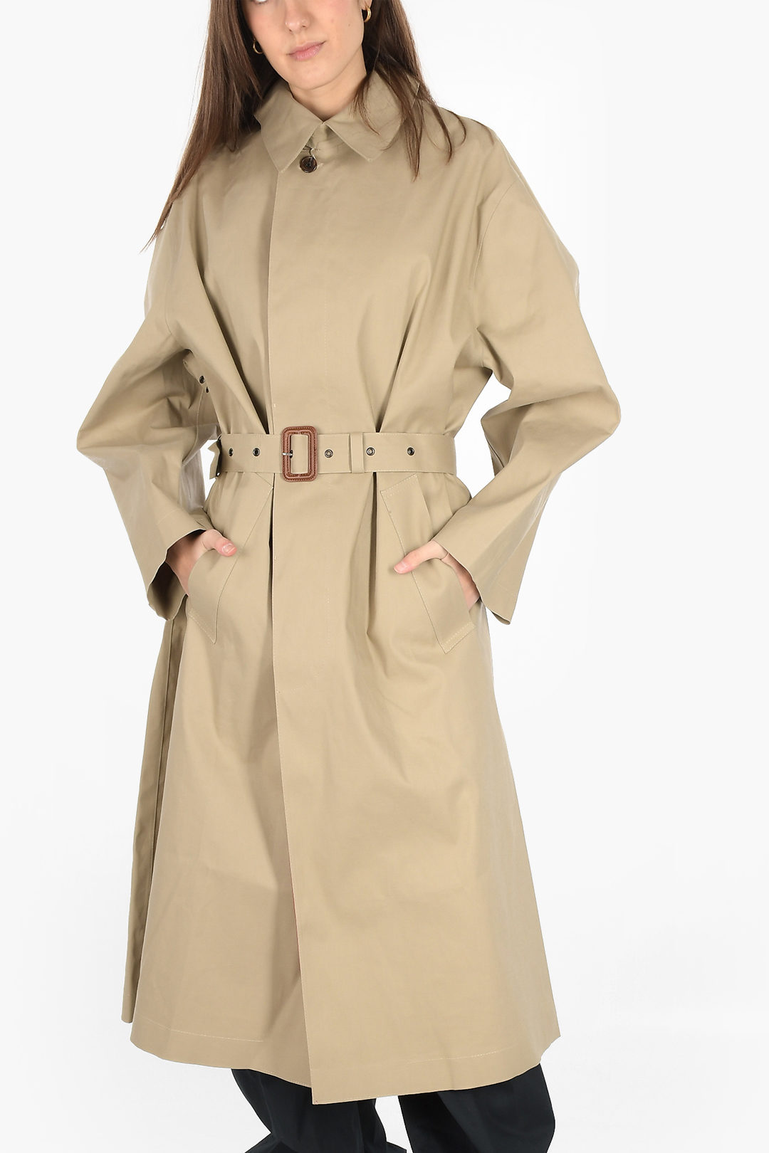 Trench Uomo con abbottonatura semplice beige lungo con cintura