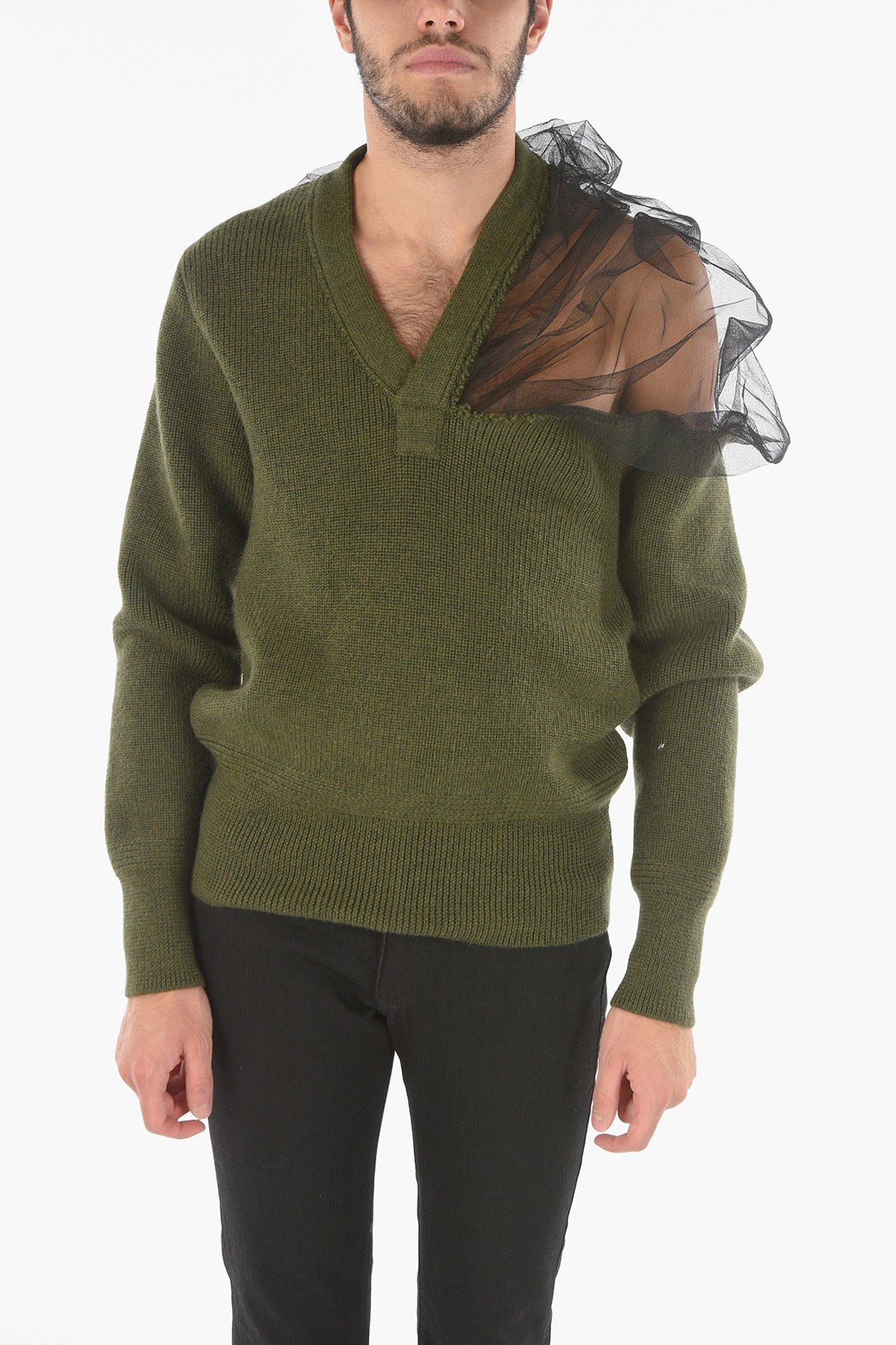 Maison Margiela MM10 Wool V-necklined Sweater with Mesh
