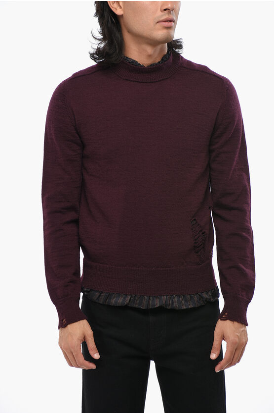 Maison Margiela Mm14 Wool Crew-neck Sweater With Striped Lining In Burgundy