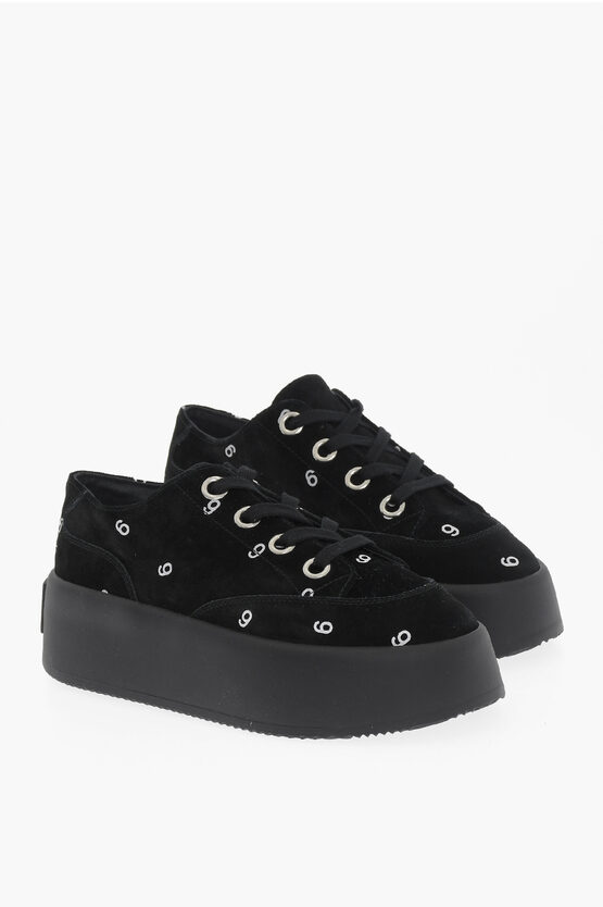 Maison Margiela Mm6 All-over Logo Suede Low-top Sneakers 5,5cm In Black