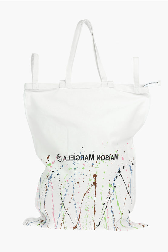 Maison Margiela Mm6 Canvas Maxi Tote Bag In Paint-splatter Print With Logo In White