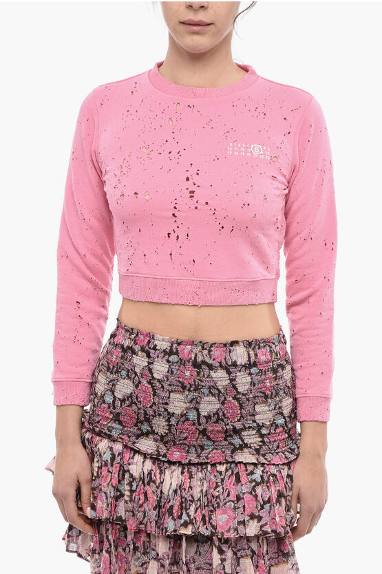 Maison Margiela Mm6 Destroyed Design Crew Neck Crop Sweatshirt In Pink