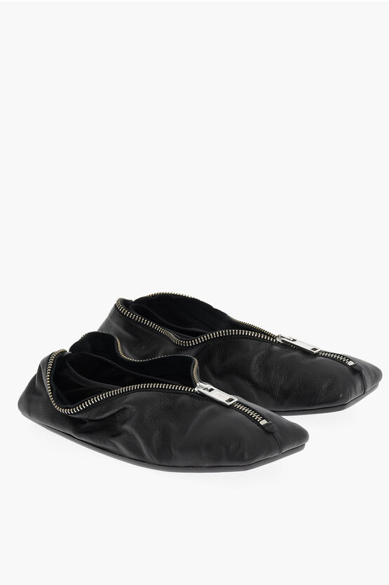 Maison Margiela Mm6 Leather Ballet Flats With Square Toe And Maxi Zip Closur In Black