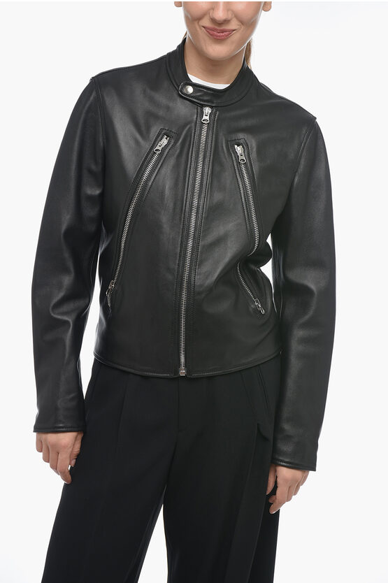 Shop Maison Margiela Mm6 Leather Biker Jacket With Zipped Sleeves