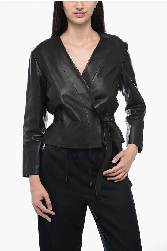 Shop Maison Margiela Mm6 Leather Wrap Top With 3/4 Sleeves