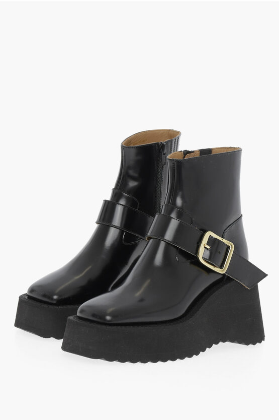 Maison Margiela Mm6 Patent Leather Ankle Boots With Golden Buckle And Wedge In Black