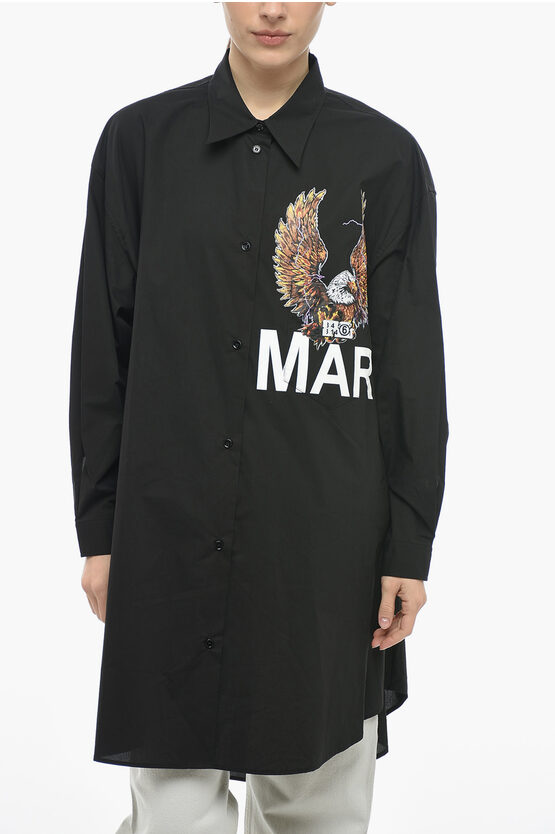 Maison Margiela Mm6 Printed Eagle Cotton Shirt Dress In Black