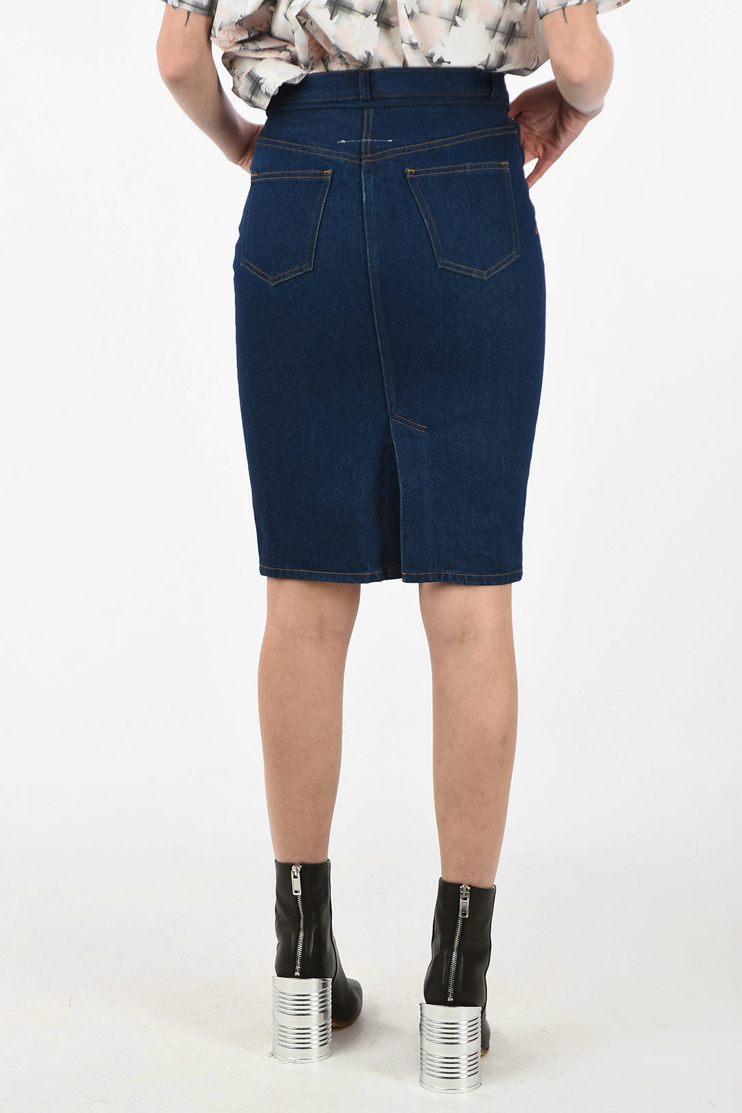 high waisted mid length denim skirt