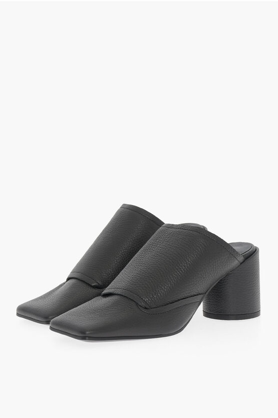 Maison Margiela Mm6 Square Toe Textured Leather Mules Heel 7.5cm In Black