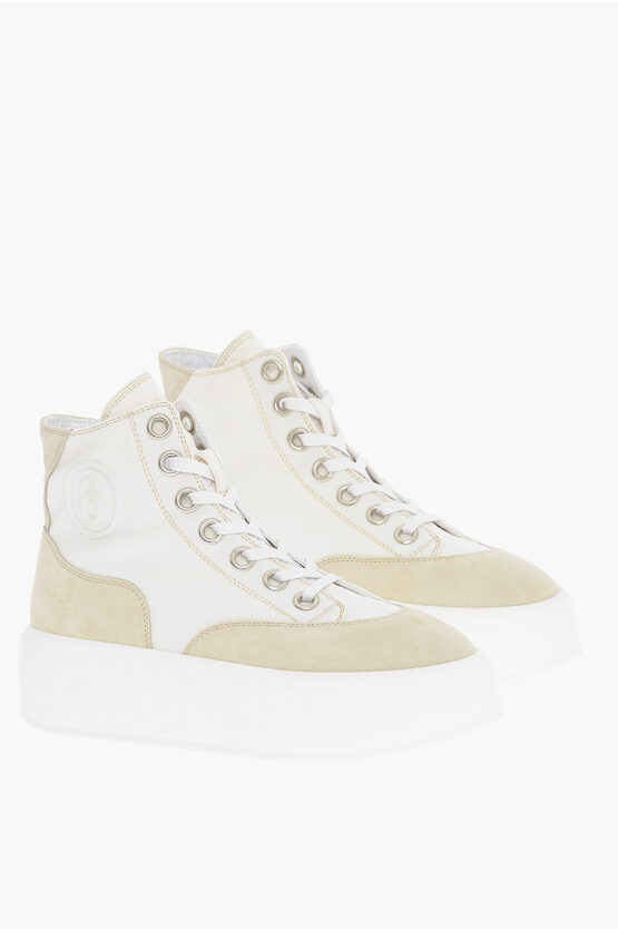 Maison Margiela Mm6 Suede And Cotton High-top Sneakers With Platform 5cm In White