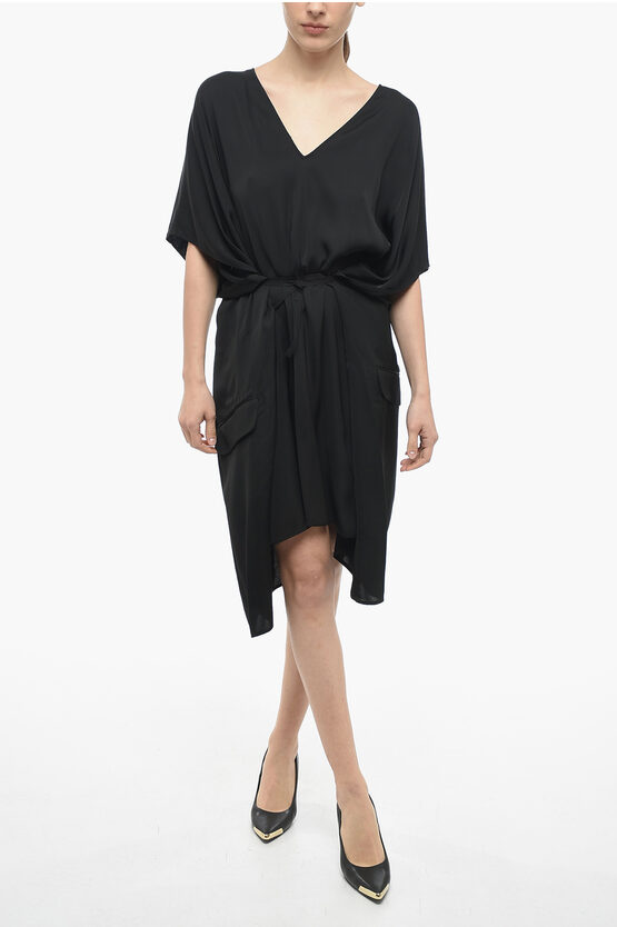 Maison Margiela Mm6 Viscose Midi Dress With Front Lace-up Detail In Black