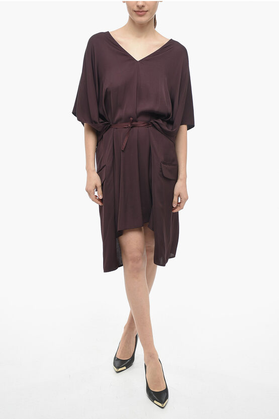 Maison Margiela Mm6 Viscose Midi Dress With Front Lace-up Detail In Brown