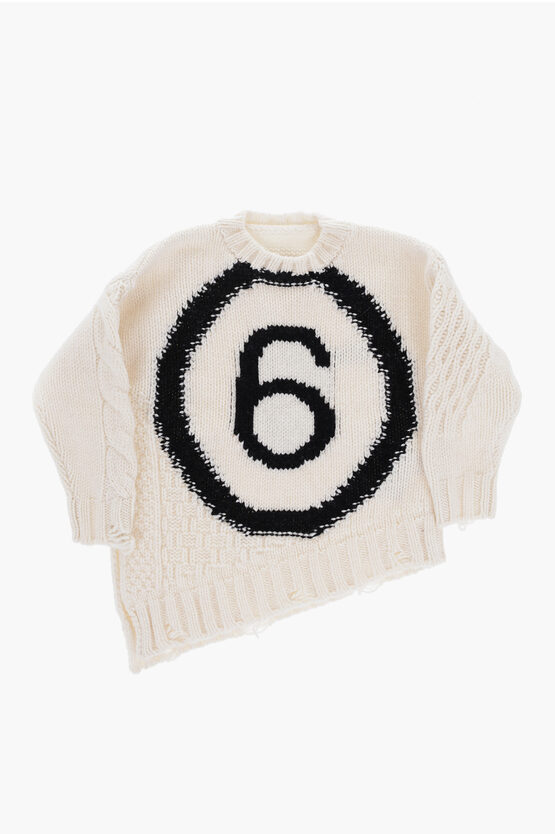 Shop Maison Margiela Mm6 Wool Blend Crew-neck Sweater With Asymmetrical Hem