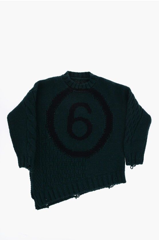 Shop Maison Margiela Mm6 Wool Blend Crew-neck Sweater With Asymmetrical Hem