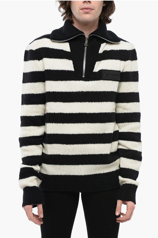 Balmain Mock Neck Awning Striped Sweater With Half Zip In Brown