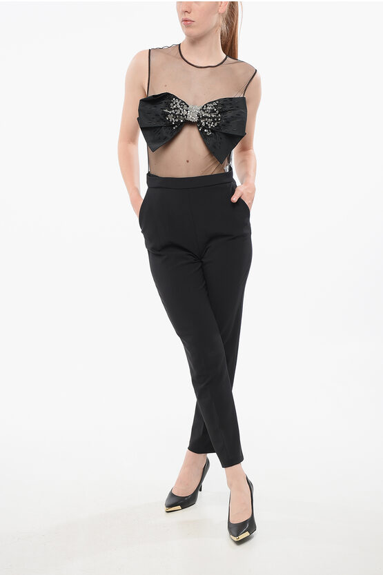 Elisabetta Franchi Modular See Through Jumpsuit With Front Bow In Black