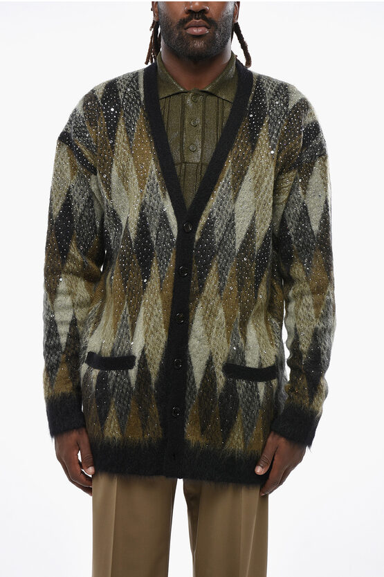 Celine Mohair Blend Cardigan Embellished With Rhinestones In Multi